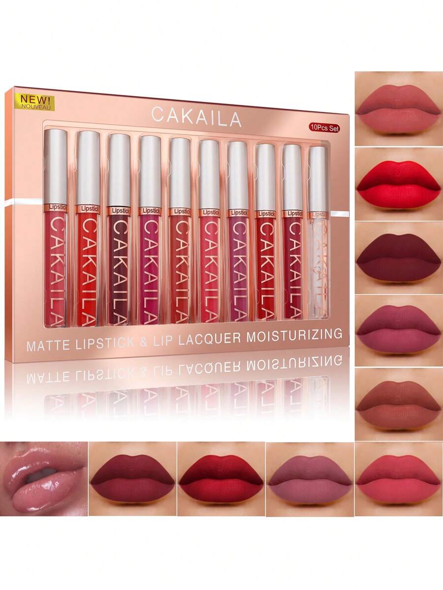 啞光唇彩套裝,10入組持久穿戴防水液體口紅成套工具唇妝套裝 - 彩色 - 查看 1