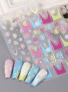 法式雛菊5d指甲貼紙2入組,浮雕夏季簡單花卉印花雕花滑塊 - 彩色 - 查看 1