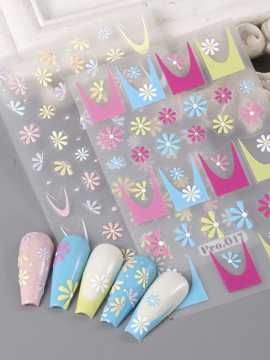 法式雛菊5d指甲貼紙2入組,浮雕夏季簡單花卉印花雕花滑塊 - 彩色 - 查看 1