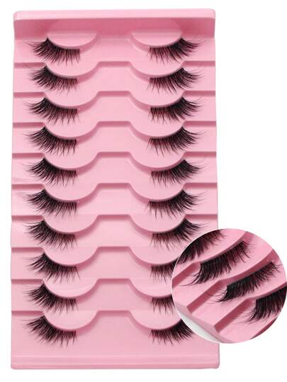False Eyelashes,10Mm Half Lashes Natural Look Cat Eye Lashes Clear Band Faux Mink Lashes