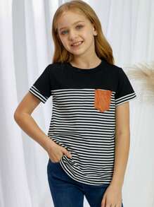 Toddler Girls Striped Print Pocket Patched Tee - Black and White - View 1
