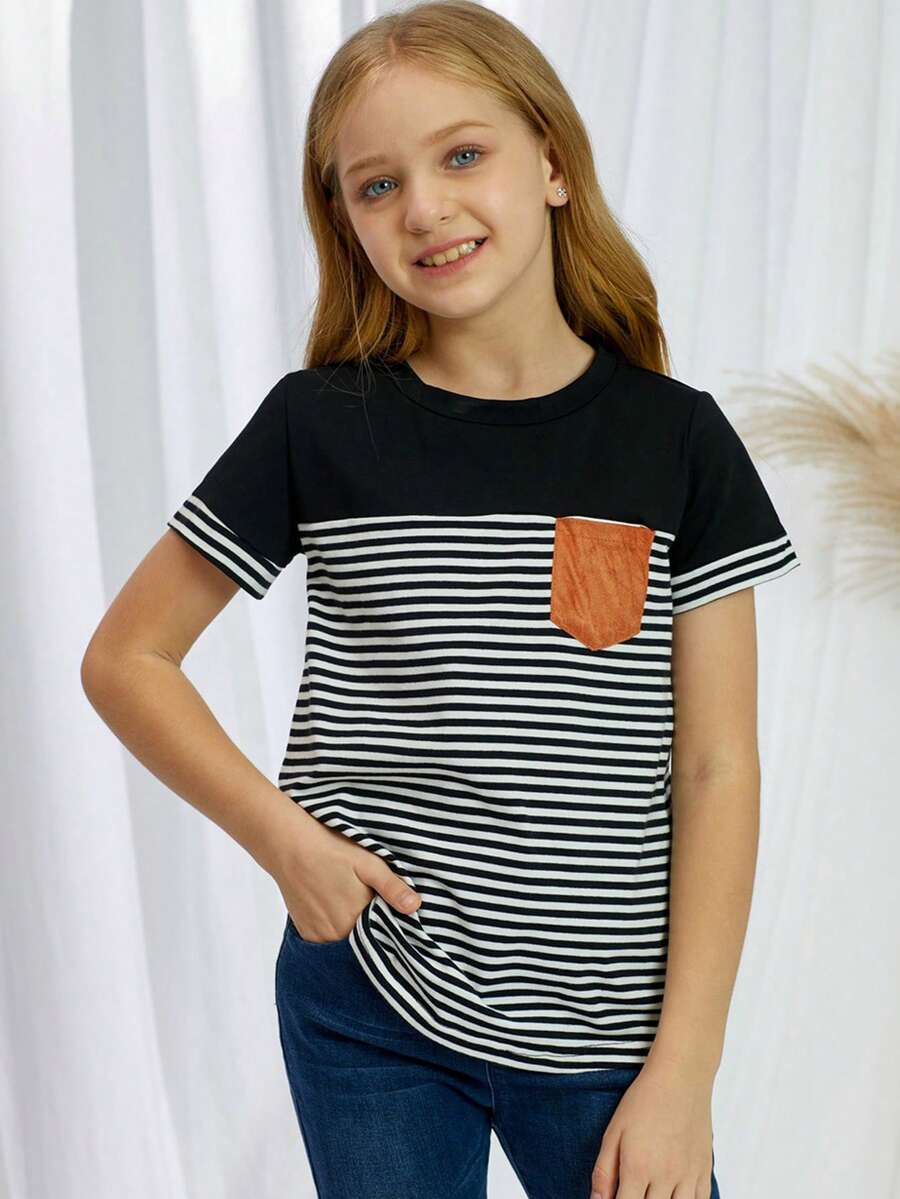 Toddler Girls Striped Print Pocket Patched Tee - Black and White - View 1