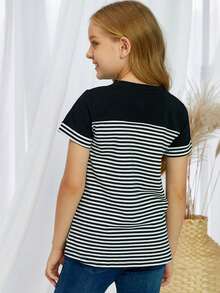 Toddler Girls Striped Print Pocket Patched Tee - Black and White - View 2