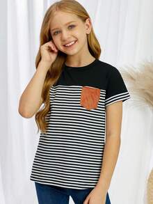 Toddler Girls Striped Print Pocket Patched Tee - Black and White - View 3