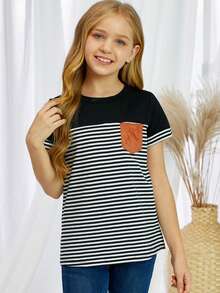 Toddler Girls Striped Print Pocket Patched Tee - Black and White - View 6