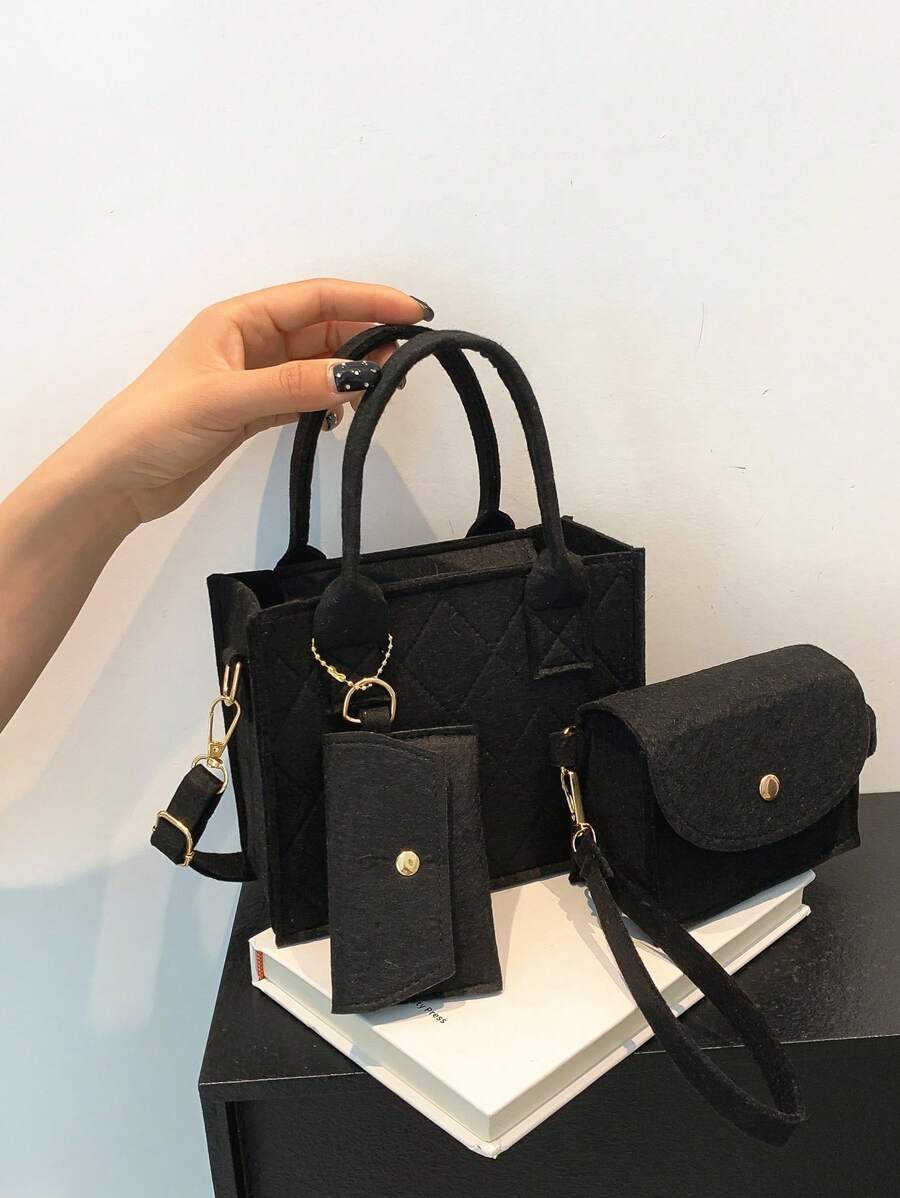3pcs Argyle Pattern Square Bag Set Zipper Felt Fashion,Hand Bag,Clutch Bag,Shoulder Bag - Black - View 1