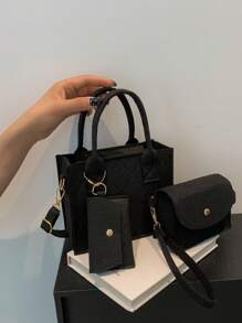 3pcs Argyle Pattern Square Bag Set Zipper Felt Fashion,Hand Bag,Clutch Bag,Shoulder Bag - Black - View 6