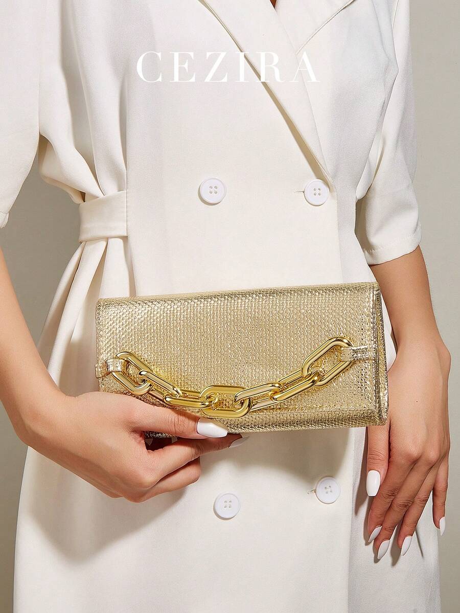 CEZIRA 發亮的PU皮革晚會包方形長鏈手拿包斜肩包手提包 - 金色 - 查看 1