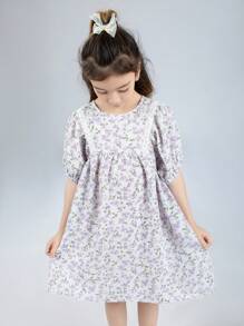 Toddler Girls Ditsy Floral Print Puff Sleeve Smock Dress - Mauve Purple - View 1
