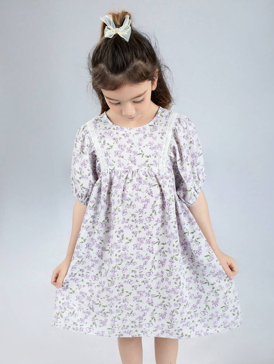 Toddler Girls Ditsy Floral Print Puff Sleeve Smock Dress - Mauve Purple - View 1