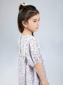 Toddler Girls Ditsy Floral Print Puff Sleeve Smock Dress - Mauve Purple - View 3
