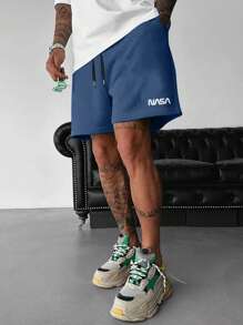 Manfinity Homme 男士字母圖案腰部抽繩短褲 - 霧霾藍 - 查看 2