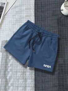 Manfinity Homme 男士字母圖案腰部抽繩短褲 - 霧霾藍 - 查看 1