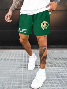 Manfinity EMRG 休閒口袋 抽繩卡通 標語男士短褲 - 墨綠色 - 查看 1