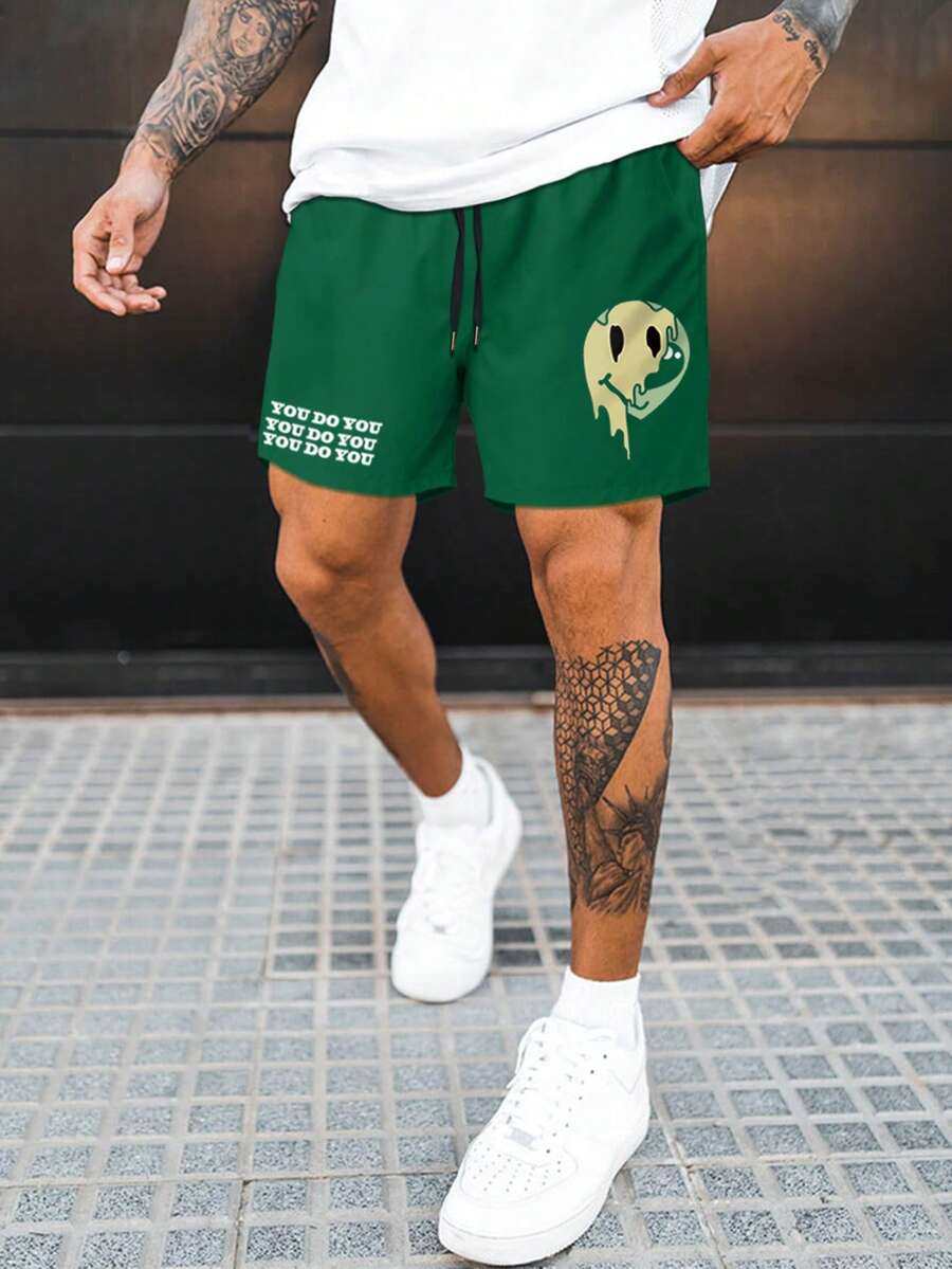 Manfinity EMRG 休閒口袋 抽繩卡通 標語男士短褲 - 墨綠色 - 查看 1