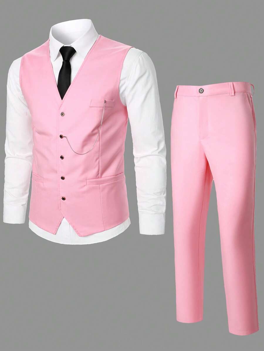 Calvornis Men 1pc Button Front Waistcoat & 1pc Suit Trousers Set - Pink - View 1