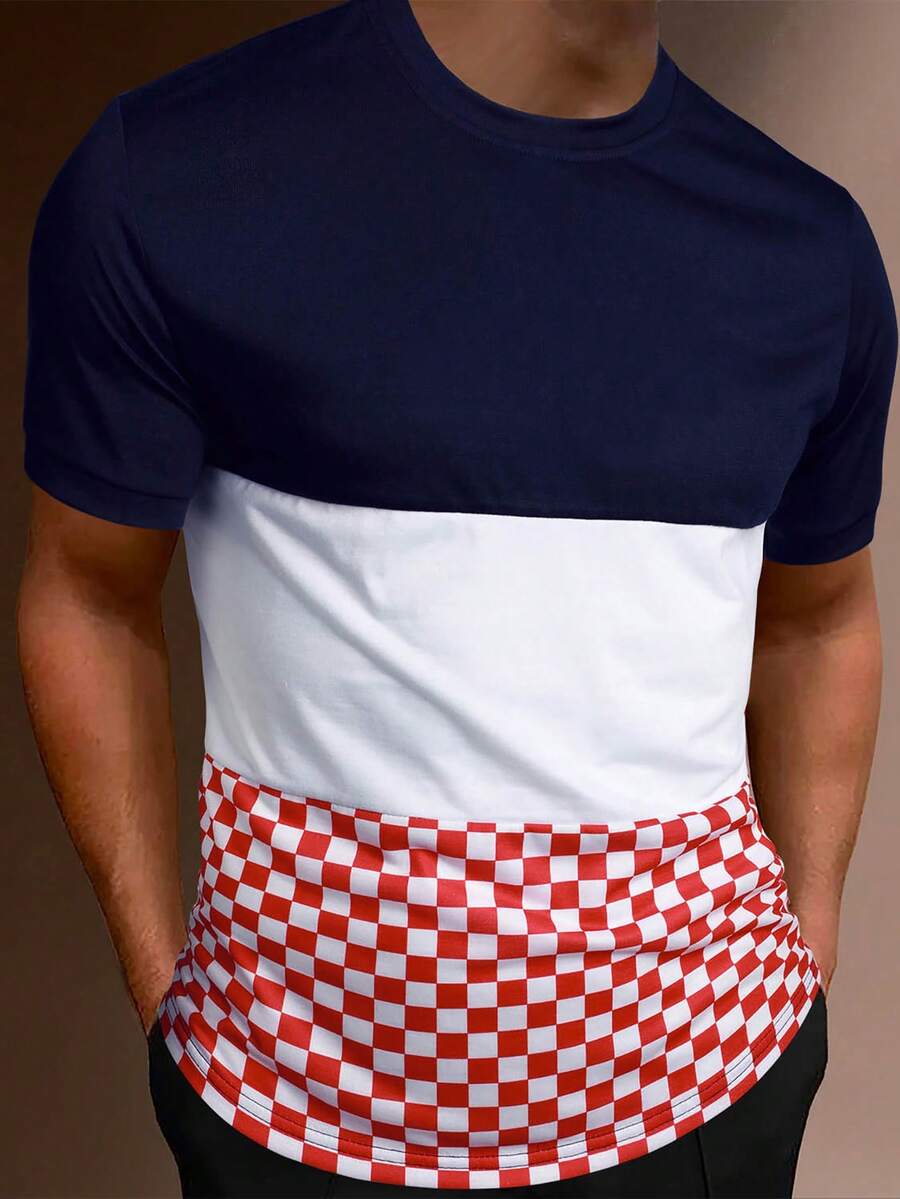 Manfinity Homme Men Checker Print Colourblock Tee - Multicolor - View 1
