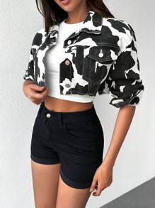 Cottnline 奶牛圖案翻蓋口袋短款牛仔夾克 - 黑與白 - 查看 1