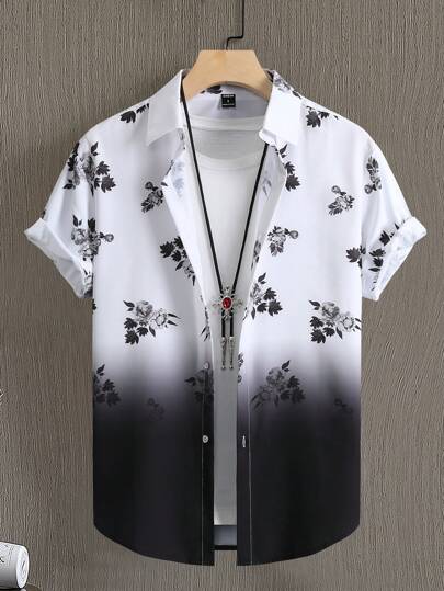 Manfinity RSRT Men Floral Print Ombre Shirt Without Tee, Short Sleeve Button Up Graphic Art Shirt For Husband