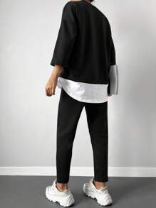 EURMUSE Drop Shoulder 2 In 1 Tee & Seam Detail Trousers - Black - View 2