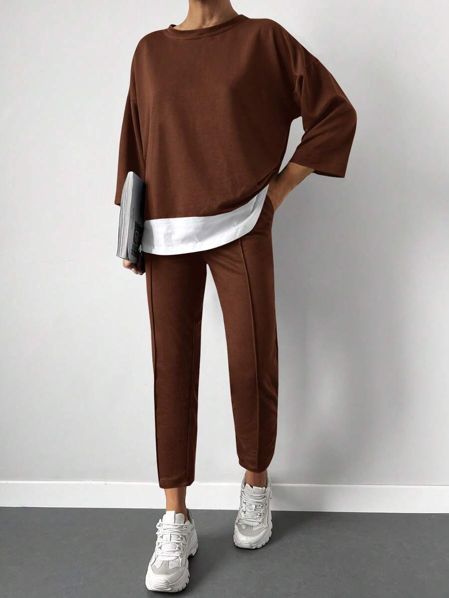 Cottnline Drop Shoulder 2 In 1 Tee & Seam Detail Trousers - Brown - View 1