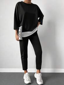 EURMUSE Drop Shoulder 2 In 1 Tee & Seam Detail Trousers - Black - View 3