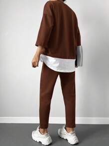 Cottnline Drop Shoulder 2 In 1 Tee & Seam Detail Trousers - Brown - View 2
