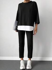 EURMUSE Drop Shoulder 2 In 1 Tee & Seam Detail Trousers - Black - View 4