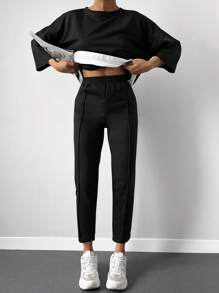 EURMUSE Drop Shoulder 2 In 1 Tee & Seam Detail Trousers - Black - View 5