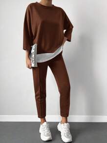 Cottnline Drop Shoulder 2 In 1 Tee & Seam Detail Trousers - Brown - View 5