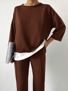 Cottnline Drop Shoulder 2 In 1 Tee & Seam Detail Trousers - Brown - View 6