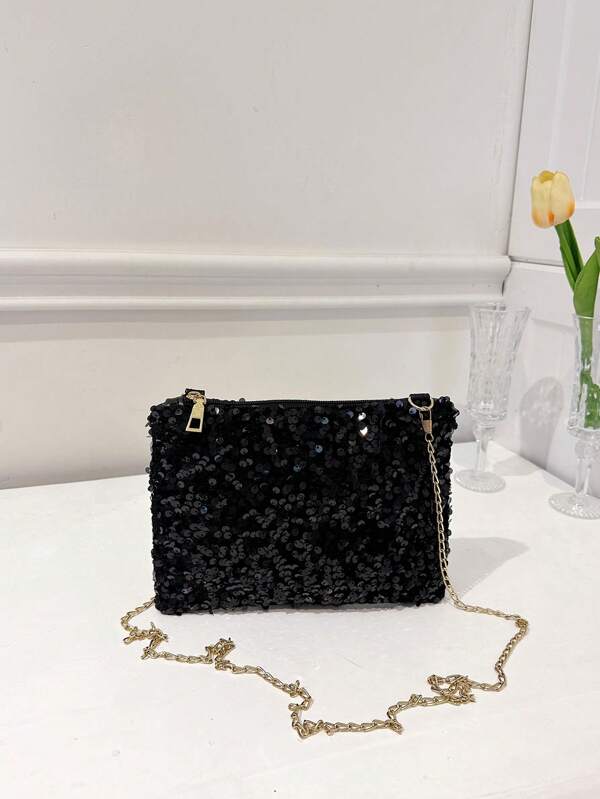 Fashionable Colorful Sequin Rectangle Women Bag, New Personalized Versatile Zipper Crossbody Bag, Niche Design Chain Shoulder Evening Bag