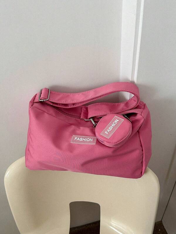 Pink Hobo Bag Fashion Letter Patch Decor With Coin Purse pink