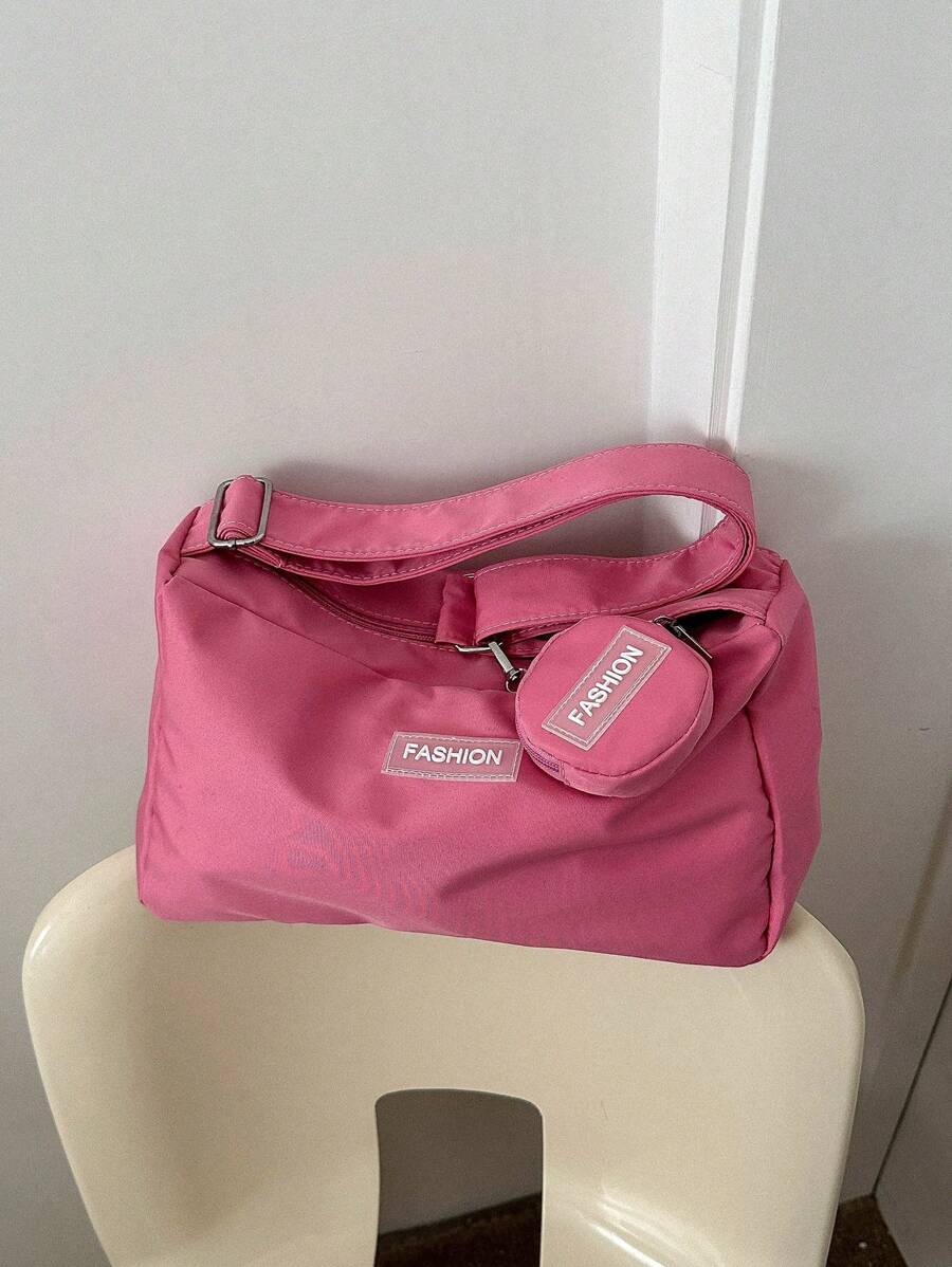 Pink Hobo Bag Fashion Letter Patch Decor With Coin Purse Pink , Pink , Beach - Pink - View 1