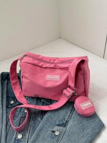 Pink Hobo Bag Fashion Letter Patch Decor With Coin Purse Pink , Pink , Beach - Pink - View 5