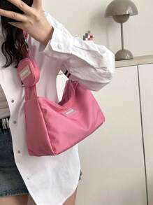 Pink Hobo Bag Fashion Letter Patch Decor With Coin Purse Pink , Pink , Beach - Pink - View 6