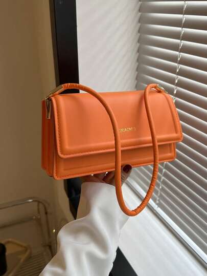 Small Neon-orange Flap Square Bag Fashionable Letter Graphic PU