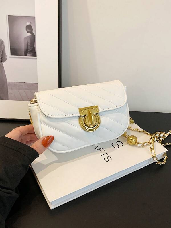 Mini Square Bag Quilted Pattern Flap Ball Decor Strap PU Fashionable