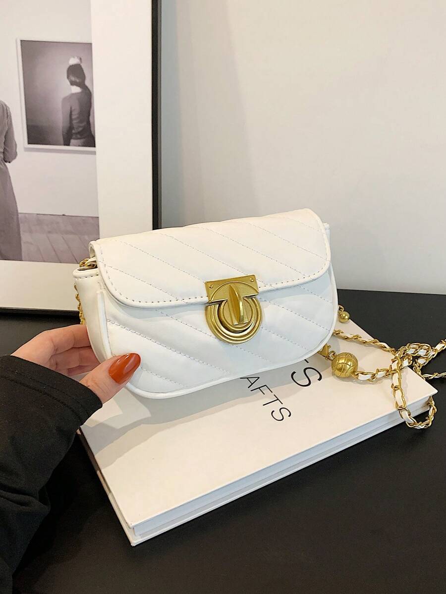 Mini Square Bag Quilted Pattern Flap Ball Decor Strap PU Fashionable