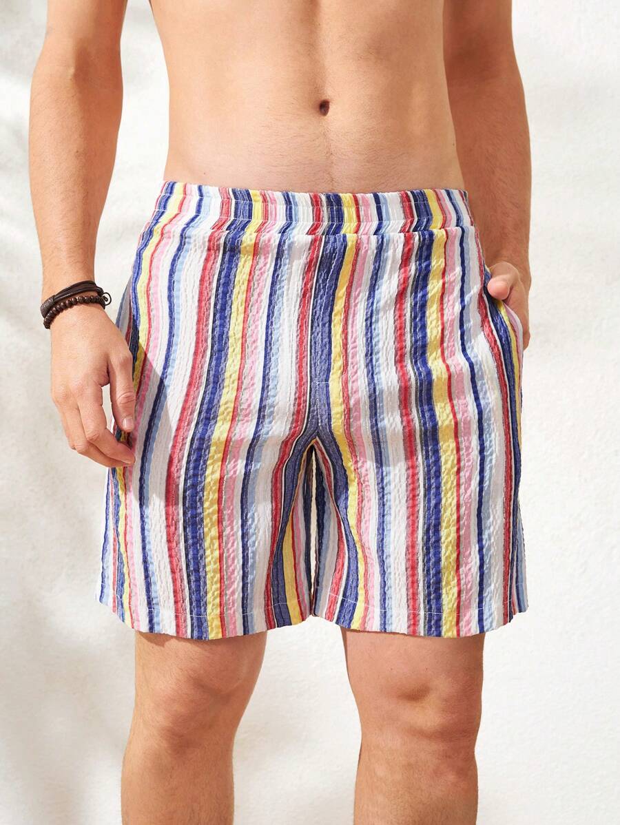 Men Striped Print Slant Pocket Shorts - Multicolor - View 1
