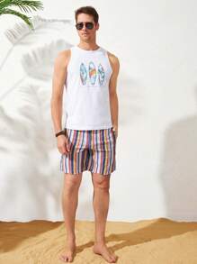 Men Striped Print Slant Pocket Shorts - Multicolor - View 3