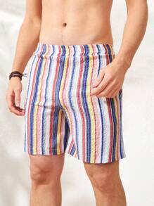 Men Striped Print Slant Pocket Shorts - Multicolor - View 4
