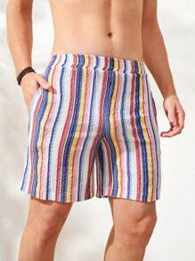 Men Striped Print Slant Pocket Shorts - Multicolor - View 5