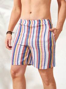 Men Striped Print Slant Pocket Shorts - Multicolor - View 6
