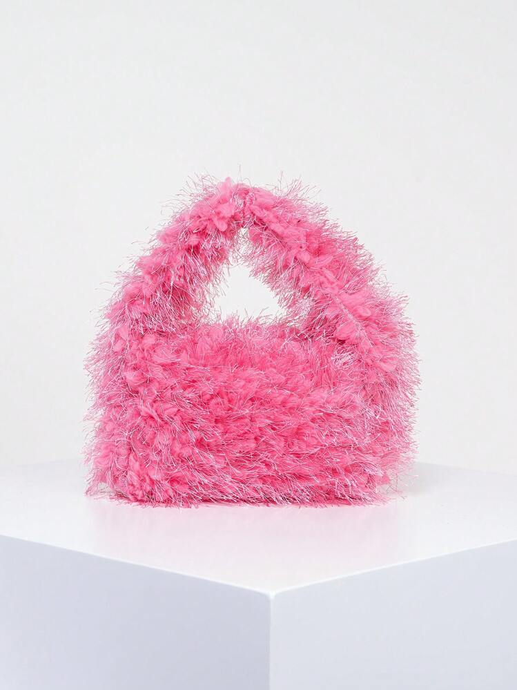 Fuzzy, Soft, Plush Mini Satchel Bag Pink Fluffy Polyester Zipper pink For Girls, Women, College Students, Rookies & White-collar Workers For Work, Office, Commute, For Autumn & Winter, Warm Winter, Outdoors, For Party, Prom, Wedding - Pink - View 1