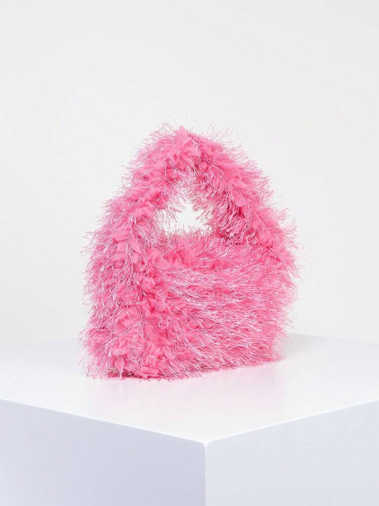 Fuzzy, Soft, Plush Mini Satchel Bag Pink Fluffy Polyester Zipper pink For Girls, Women, College Students, Rookies & White-collar Workers For Work, Office, Commute, For Autumn & Winter, Warm Winter, Outdoors, For Party, Prom, Wedding - Pink - View 2