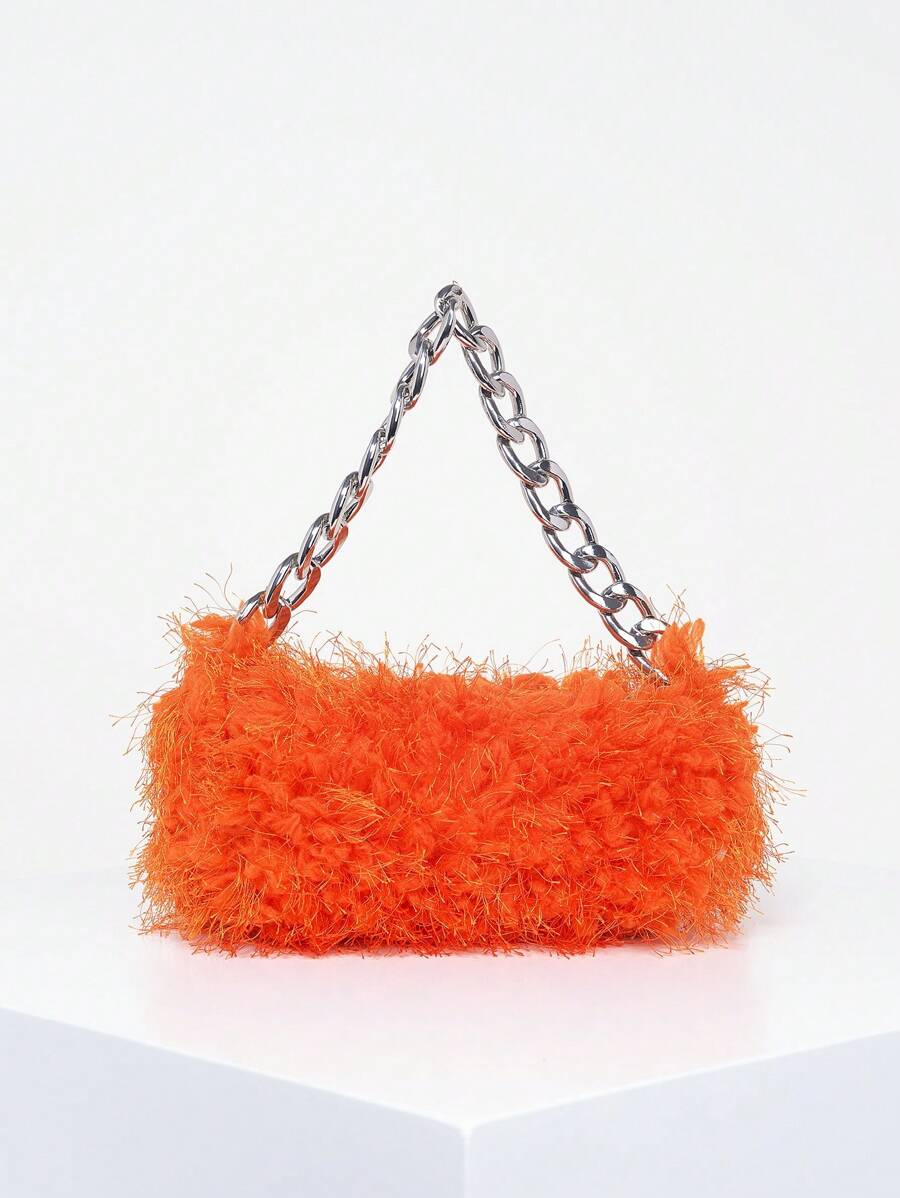 Fuzzy, Soft, Plush Small Shoulder Bag Orange Fluffy Chain Polyester For Girls, Women, College Students, Rookies & White-collar Workers For Work, Office, Commute, For Autumn & Winter, Warm Winter, Outdoors, For Party, Prom, Wedding - Orange - View 1