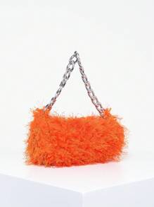 Fuzzy, Soft, Plush Small Shoulder Bag Orange Fluffy Chain Polyester For Girls, Women, College Students, Rookies & White-collar Workers For Work, Office, Commute, For Autumn & Winter, Warm Winter, Outdoors, For Party, Prom, Wedding - Orange - View 2
