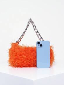 Fuzzy, Soft, Plush Small Shoulder Bag Orange Fluffy Chain Polyester For Girls, Women, College Students, Rookies & White-collar Workers For Work, Office, Commute, For Autumn & Winter, Warm Winter, Outdoors, For Party, Prom, Wedding - Orange - View 3