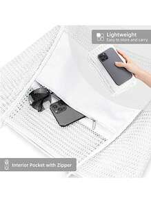 海灘網紗手提包休閒托特包女士可折疊肩膀手提包適用於海灘野餐度假 - 白色 - 查看 4